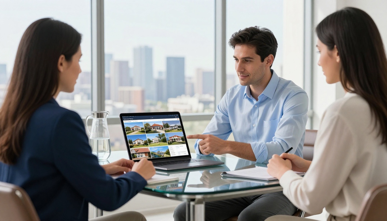 A confident male real estate agent in a light blue dress shirt and navy blazer pointing to a digital flipbook brochure with property photos on a laptop across a glass conference table from a client couple, sunny city skyline visible through floor-to-ceiling windows A confident male real estate agent in a light blue dress shirt and navy blazer pointing to a digital flipbook brochure with property photos on a laptop across a glass conference table from a client couple, sunny city skyline visible through floor-to-ceiling windows