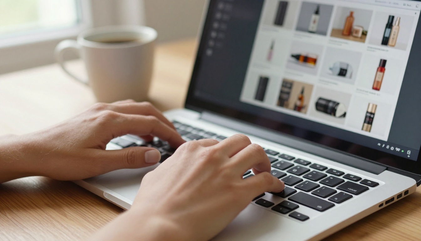 Close-up of a woman's hands typing on a laptop showing a digital catalog in a page-flip interface, warm morning light casting soft shadows on keys