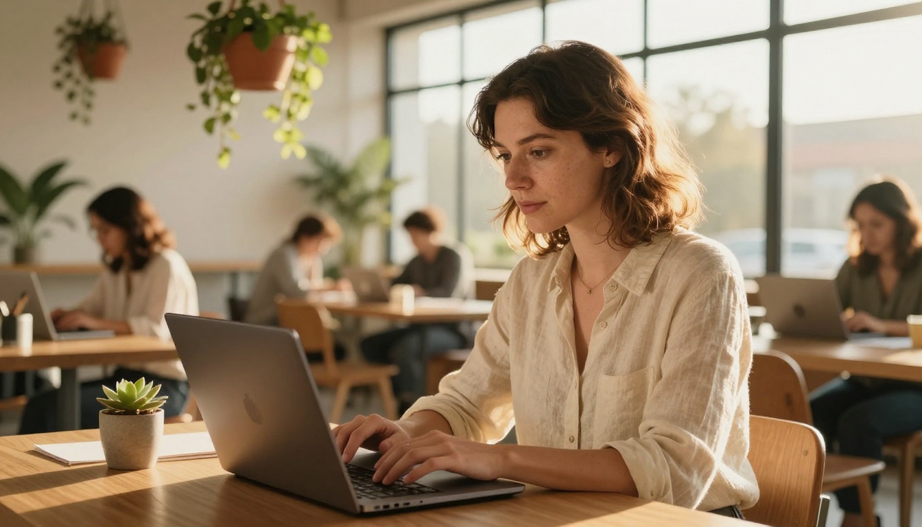 Creative professional working on laptop in bright airy co-working space with plants Creative professional working on laptop in bright airy co-working space with plants
