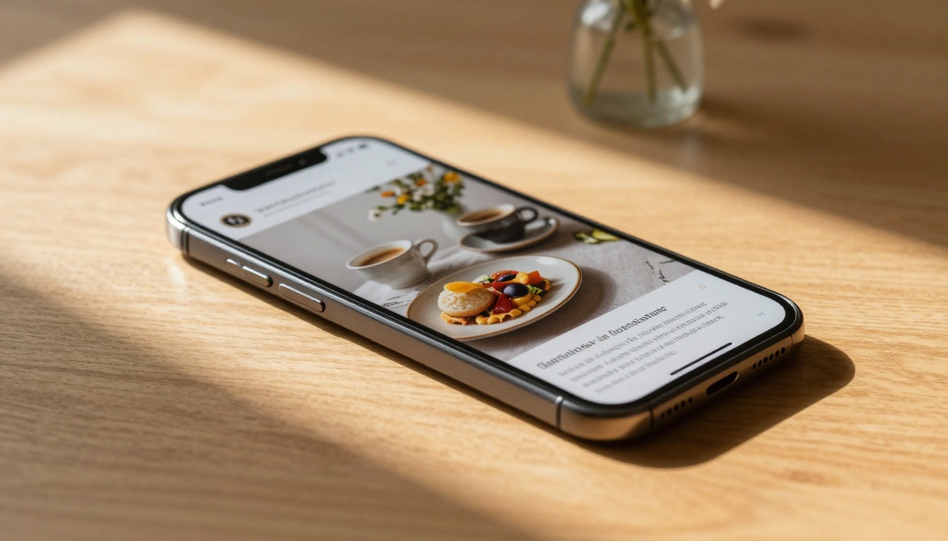 Smartphone lying on oak coffee table showing a digital food magazine with espresso cup nearby Smartphone lying on oak coffee table showing a digital food magazine with espresso cup nearby