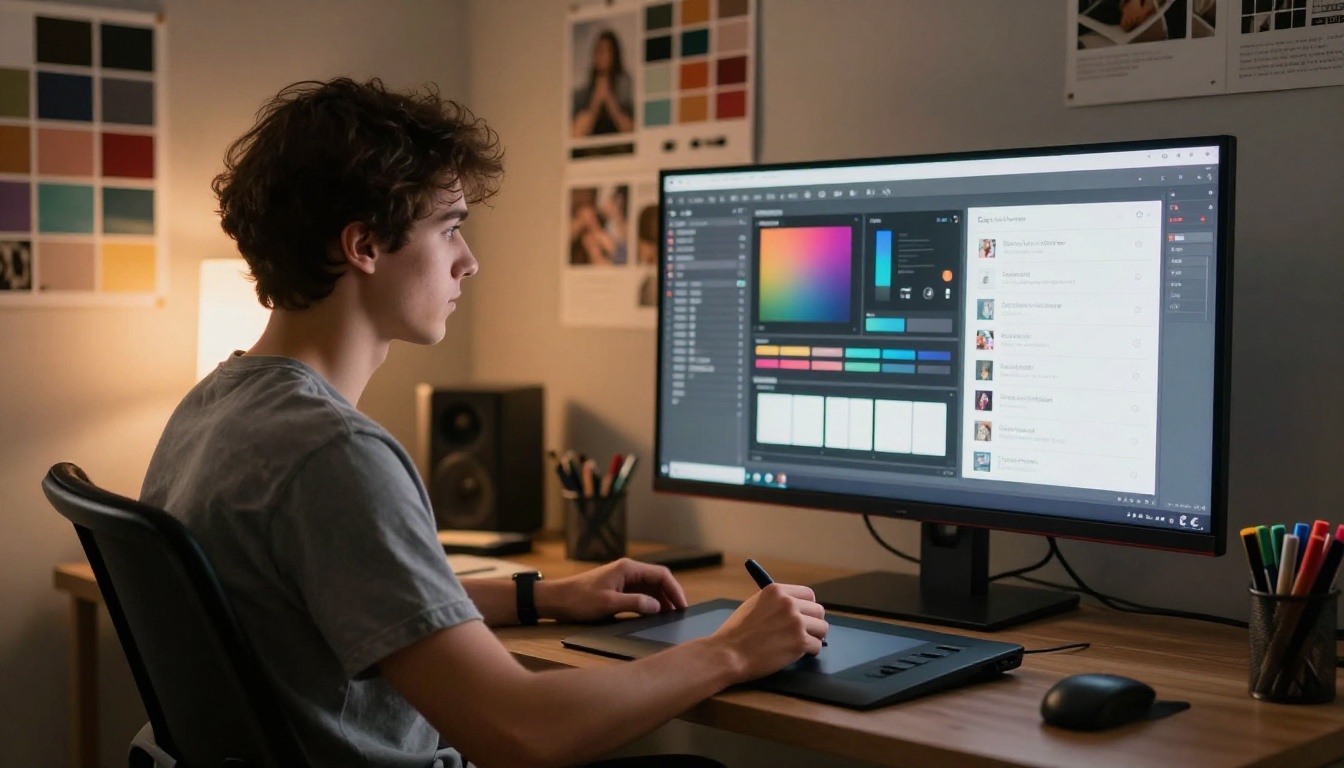 Graphic designer customizing a digital flipbook with brand colors and layout options on an ultrawide monitor Graphic designer customizing a digital flipbook with brand colors and layout options on an ultrawide monitor