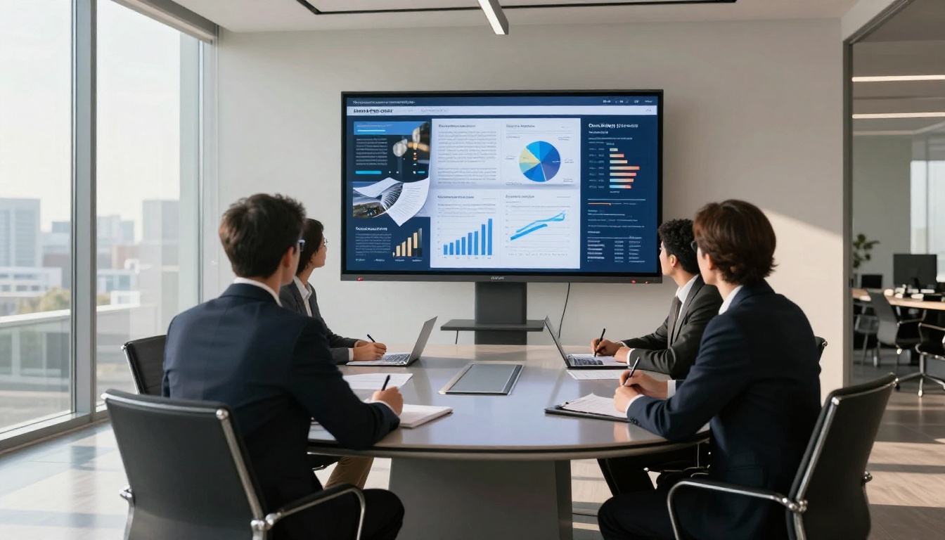Four business professionals seated around a polished oval boardroom table reviewing a corporate annual report displayed as an interactive flipbook on a large screen showing charts and financial graphs, natural afternoon light from floor-to-ceiling windows on the left Four business professionals seated around a polished oval boardroom table reviewing a corporate annual report displayed as an interactive flipbook on a large screen showing charts and financial graphs, natural afternoon light from floor-to-ceiling windows on the left
