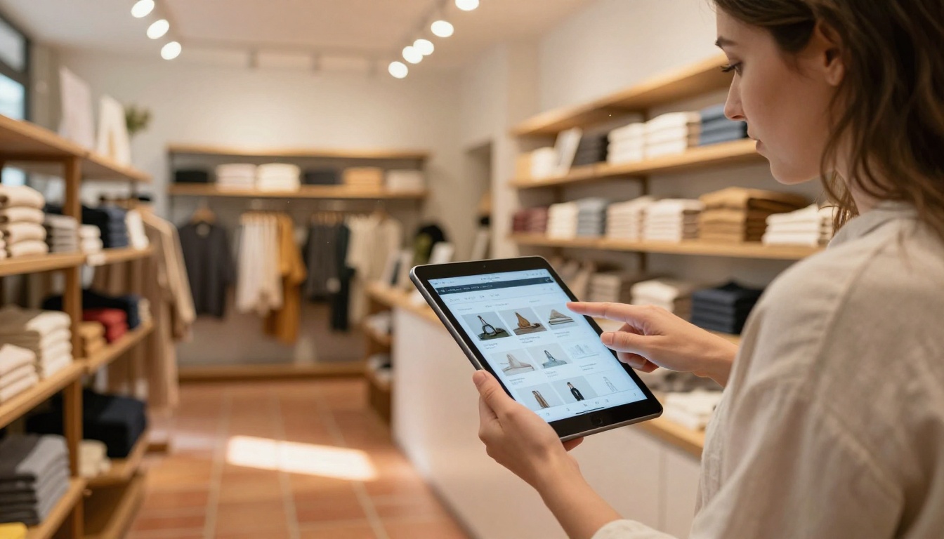 Small business owner in a boutique clothing store pointing at an iPad showing a digital product catalog with page-flip animations, warm incandescent lighting