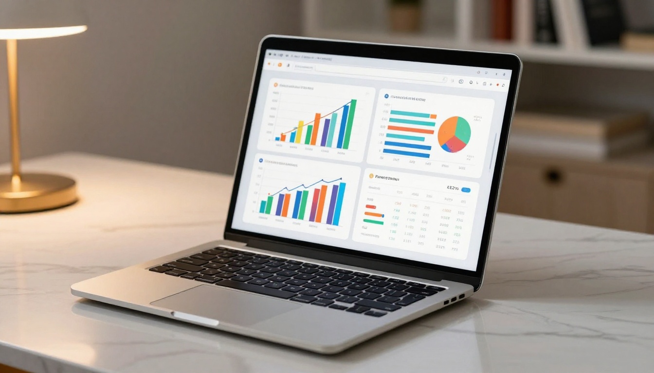 Laptop displaying analytics dashboard with charts and metrics on marble desk Laptop displaying analytics dashboard with charts and metrics on marble desk