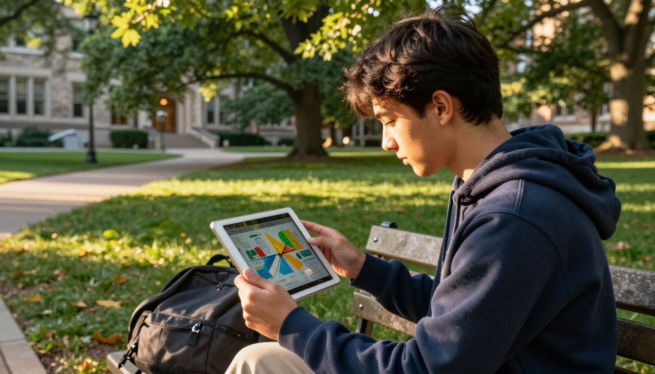 A male college student in a navy blue hoodie intently reading a digital flipbook on a tablet while sitting on a sunny campus bench