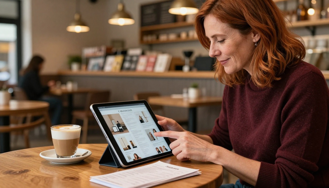 A small business owner using an iPad to view an interactive digital brochure in a warmly lit cafe A small business owner using an iPad to view an interactive digital brochure in a warmly lit cafe