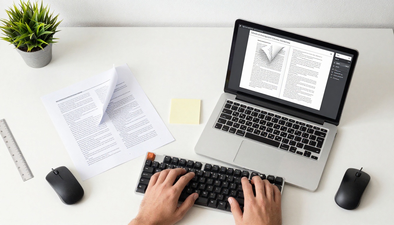 Aerial bird's-eye flat-lay view of a PDF document printout on the left and a laptop screen on the right showing the same document transformed into an interactive digital flipbook with a visible page-turn curl effect, hands typing on the keyboard, bright overhead natural light Aerial bird's-eye flat-lay view of a PDF document printout on the left and a laptop screen on the right showing the same document transformed into an interactive digital flipbook with a visible page-turn curl effect, hands typing on the keyboard, bright overhead natural light