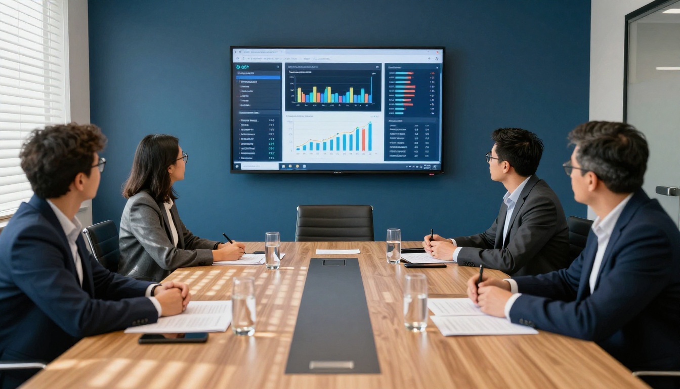 A publishing team gathered around a conference table reviewing an analytics dashboard on a large wall screen, afternoon light through venetian blinds