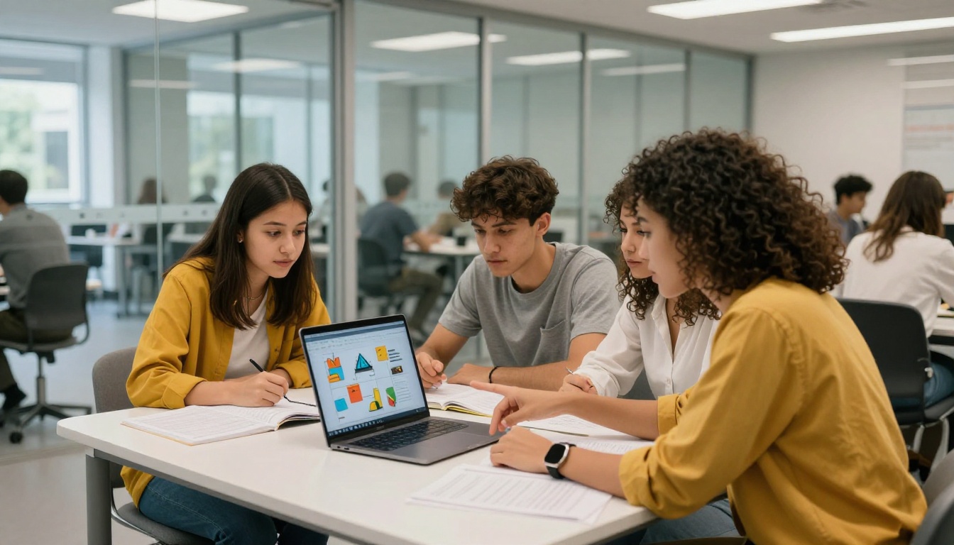 Students collaborating in a modern university study room with a digital flipbook presentation on screen