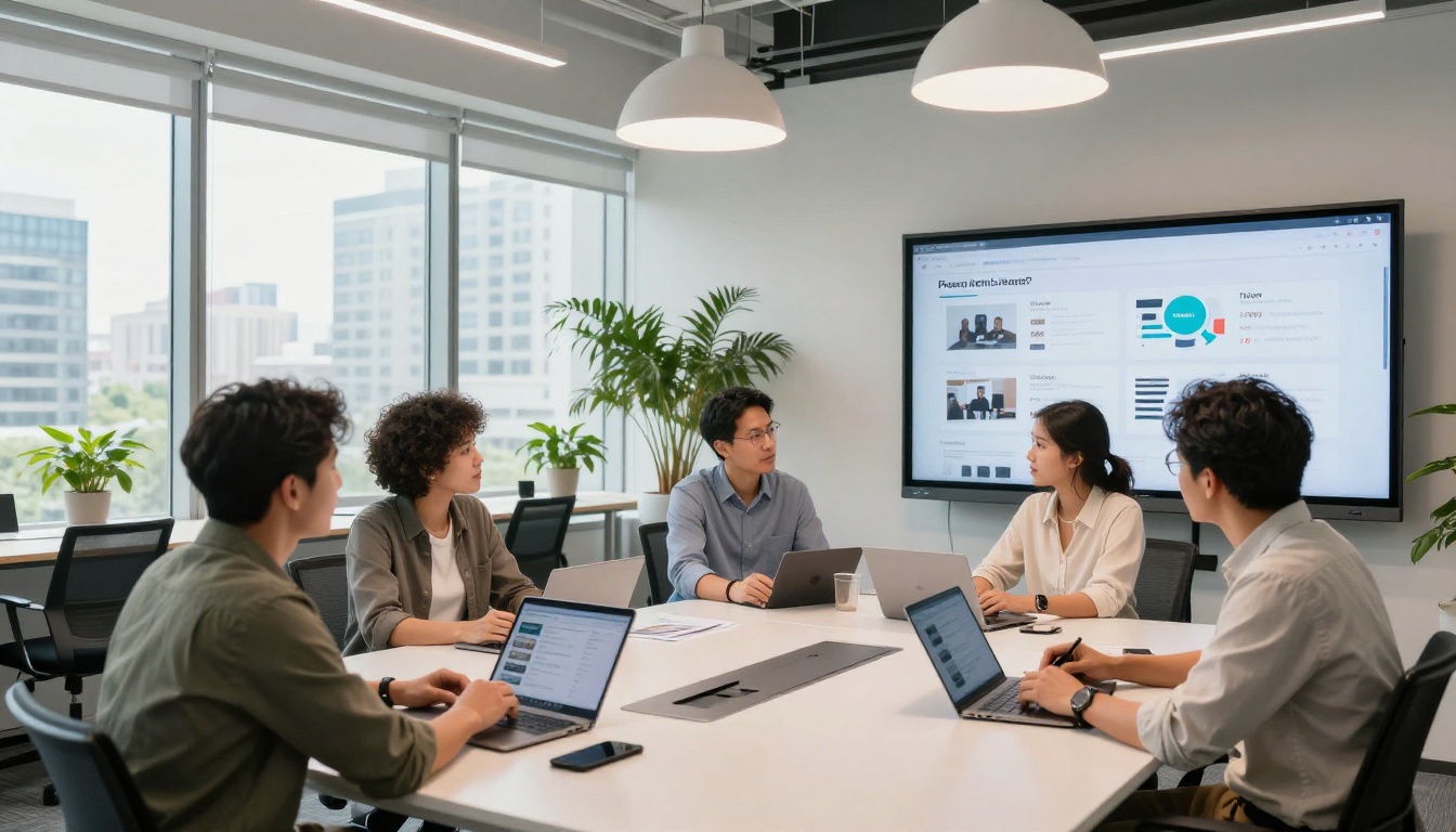 A diverse team reviewing digital publications around a conference table with a pricing comparison on the wall display A diverse team reviewing digital publications around a conference table with a pricing comparison on the wall display