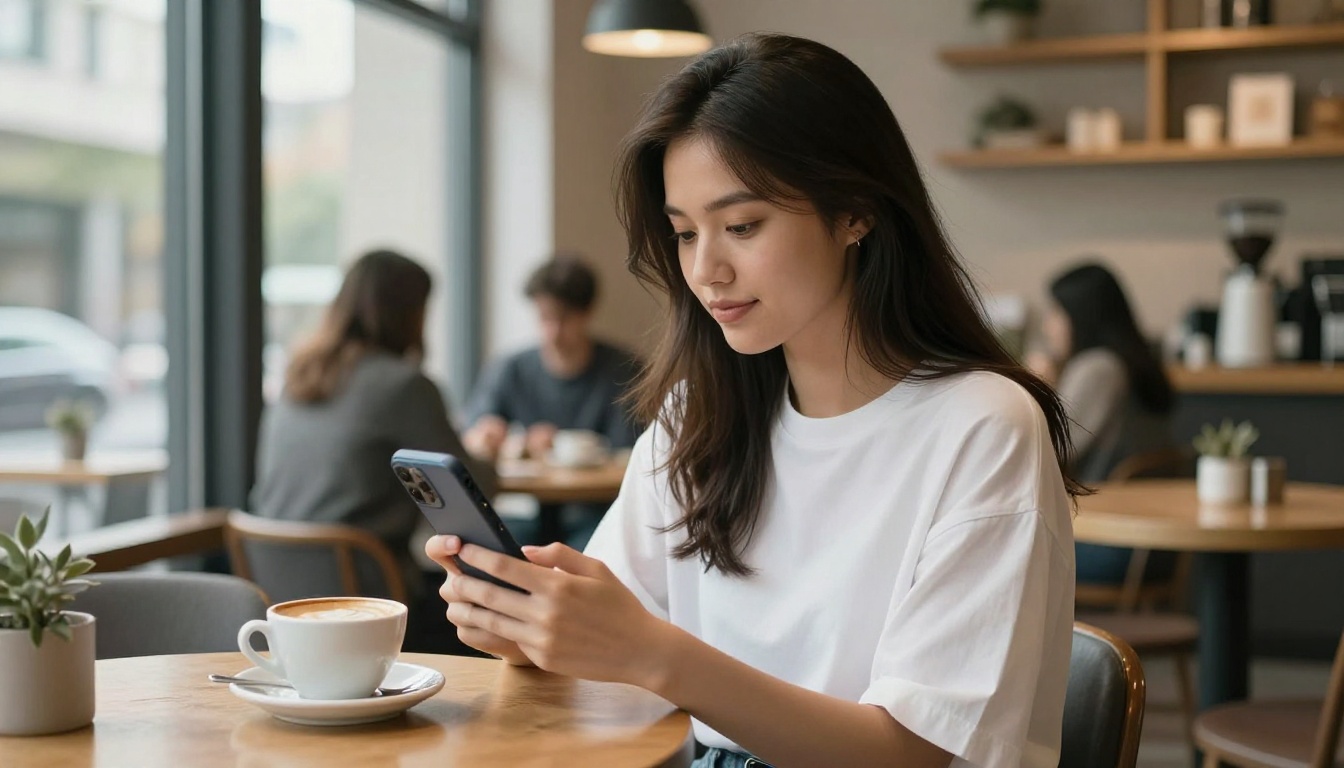A stylish young woman with long dark hair in a casual white shirt sitting in a modern Scandinavian coffee shop, holding a smartphone displaying a fashion catalog flipbook mid-flip, latte art coffee cup on the wooden table, soft morning window light from the left A stylish young woman with long dark hair in a casual white shirt sitting in a modern Scandinavian coffee shop, holding a smartphone displaying a fashion catalog flipbook mid-flip, latte art coffee cup on the wooden table, soft morning window light from the left