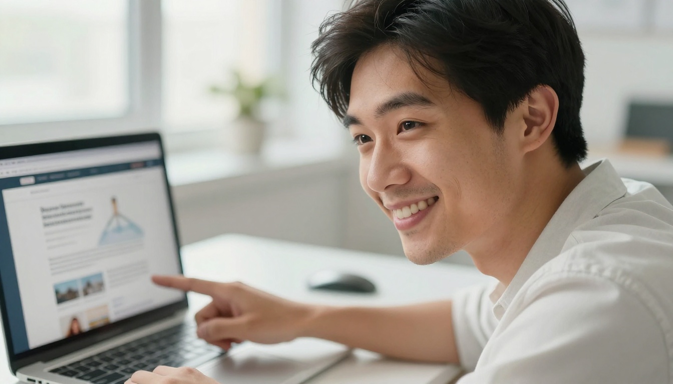 A young digital marketer smiling and pointing at a laptop screen showing an embedded flipbook on a business website, warm natural window light