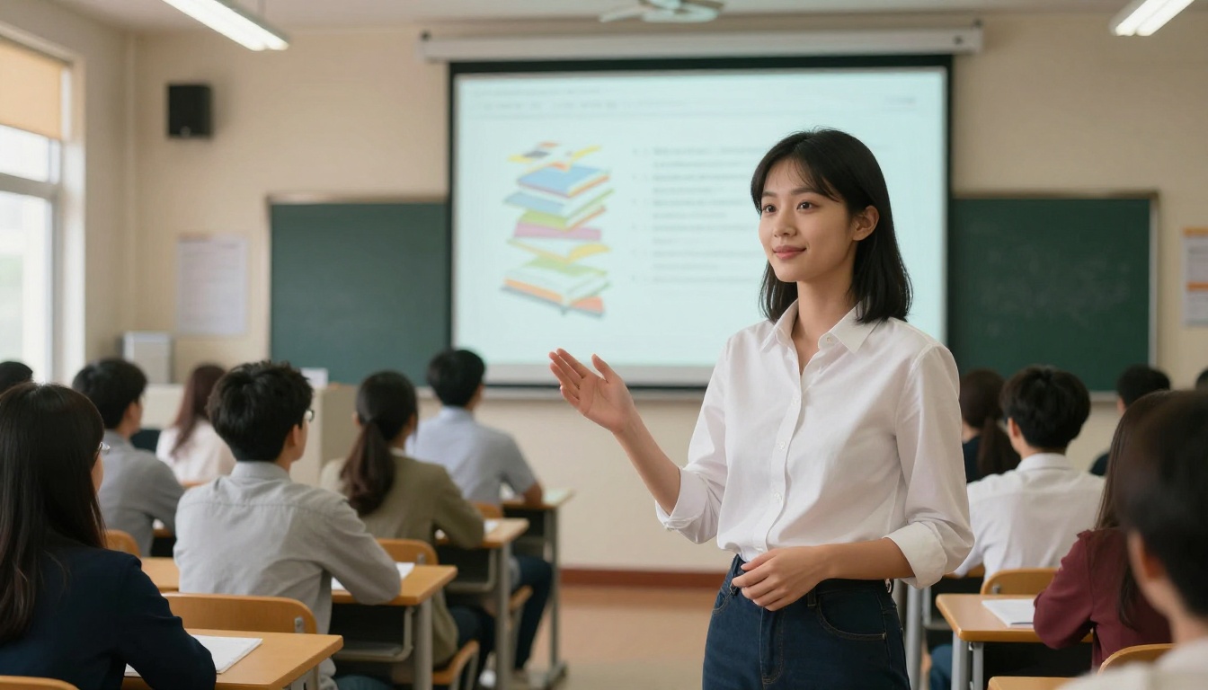 A confident student presenting a digital flipbook projected on a large screen in a university classroom