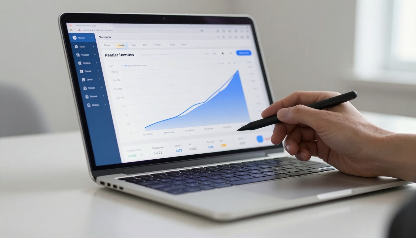 Analytics dashboard on a laptop displaying page view graphs and reader performance metrics Analytics dashboard on a laptop displaying page view graphs and reader performance metrics