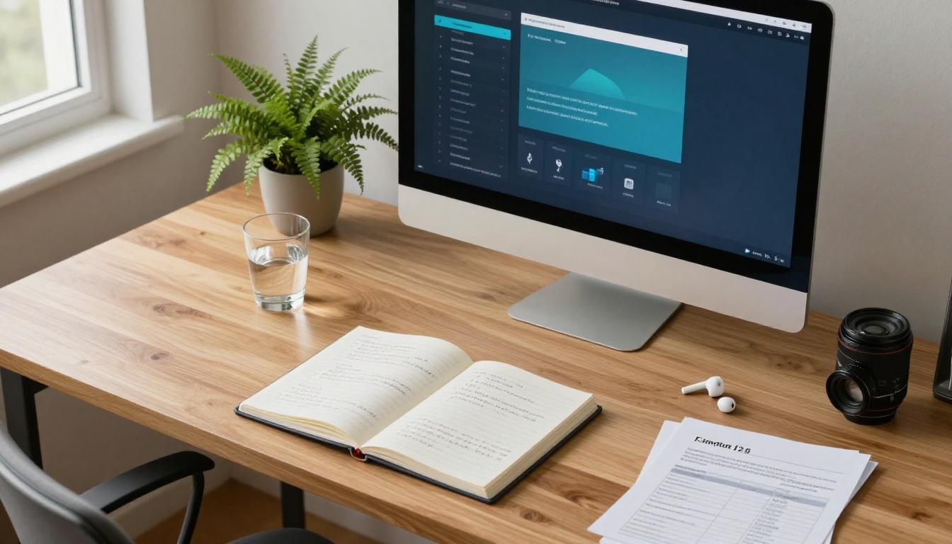 Aerial view of a modern home office desk with an iMac displaying a feature comparison table, notebook with handwritten notes, and a tidy workspace in soft natural light