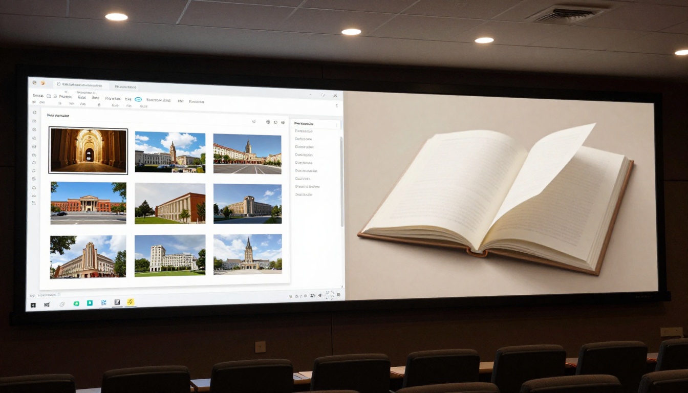 A large presentation screen in a dark conference room showing a flat static design tool on the left panel and an interactive flipbook with realistic page curl on the right panel, screen glow as primary light source softly illuminating rows of empty conference chairs A large presentation screen in a dark conference room showing a flat static design tool on the left panel and an interactive flipbook with realistic page curl on the right panel, screen glow as primary light source softly illuminating rows of empty conference chairs