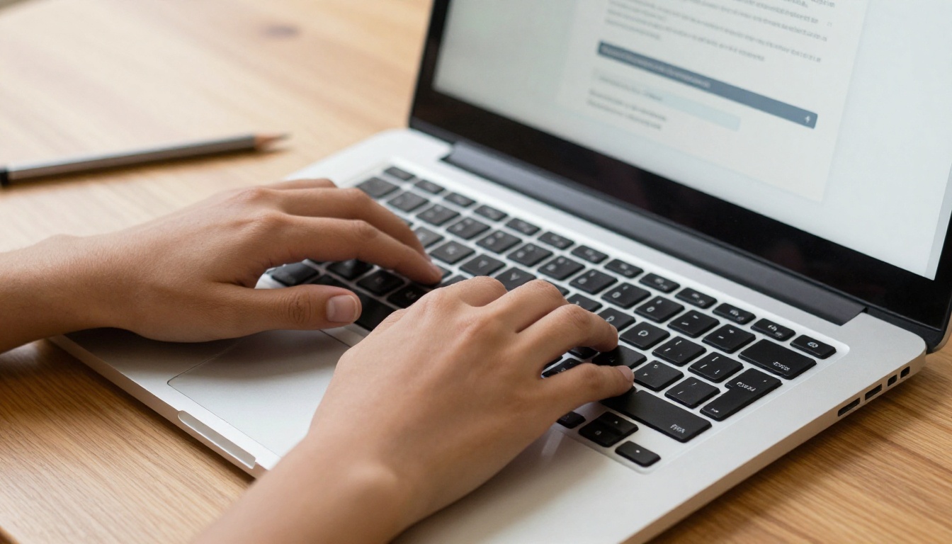 Close-up of a student's hands uploading a PDF to a flipbook conversion interface on a MacBook keyboard