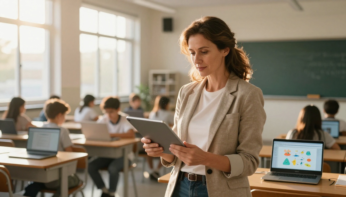 A female educator standing in a bright modern classroom holding a tablet showing a digital textbook flipbook, afternoon sunlight creating rim lighting on her silhouette