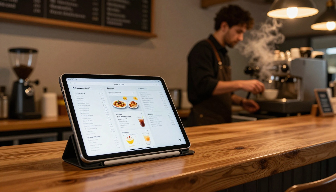An iPad Pro in a minimal stand on a wooden cafe counter displaying an interactive digital menu flipbook mid page-turn showing appetizers and drinks, a blurred barista silhouette with espresso machine steam behind, warm amber overhead pendant lamps An iPad Pro in a minimal stand on a wooden cafe counter displaying an interactive digital menu flipbook mid page-turn showing appetizers and drinks, a blurred barista silhouette with espresso machine steam behind, warm amber overhead pendant lamps