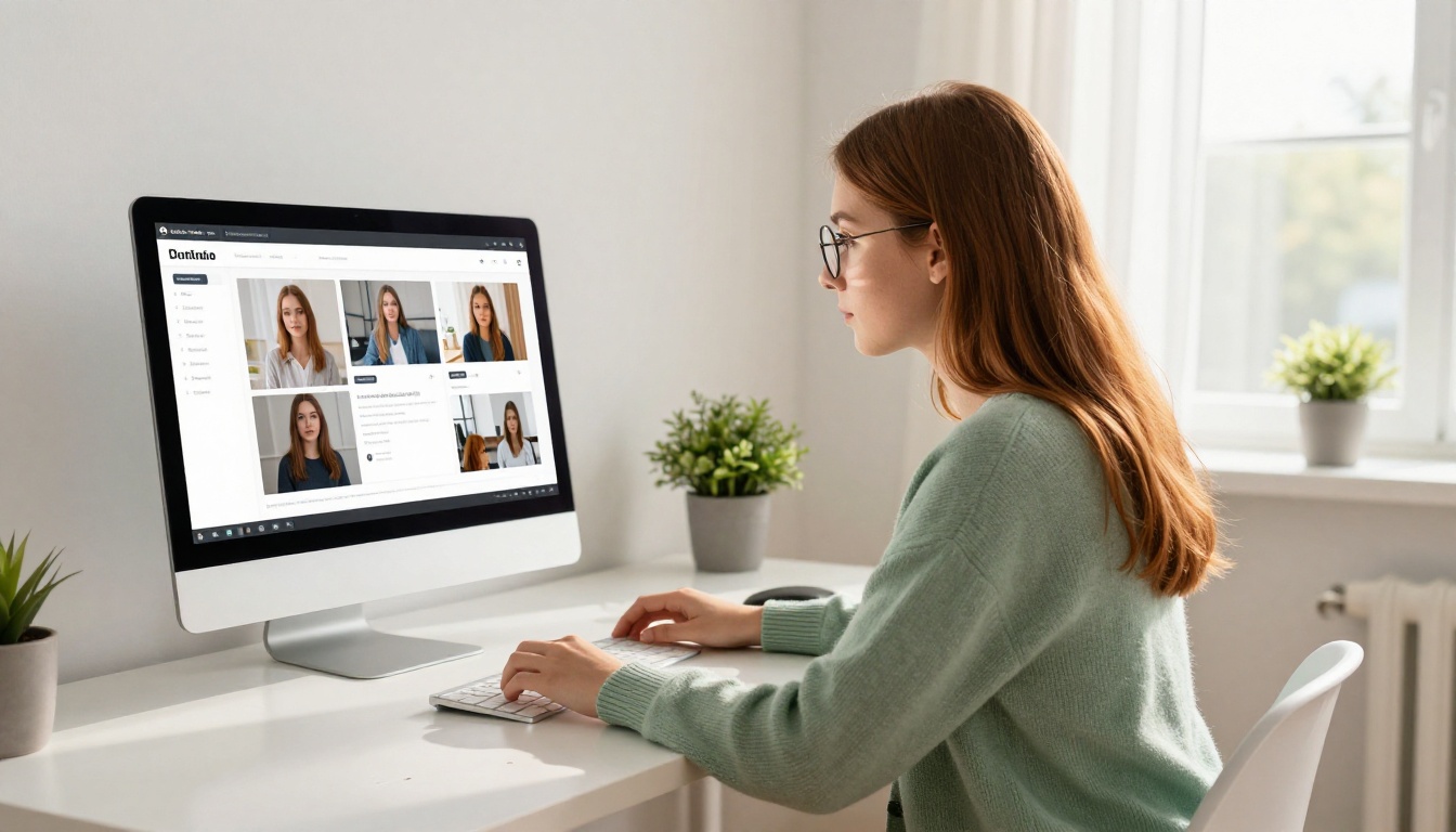 A young female student in a sage green cardigan browsing a digital portfolio flipbook on a large iMac in a bright dorm room