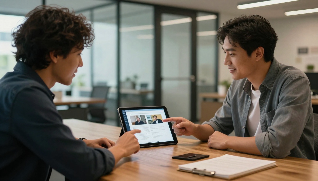 Two professionals sharing an embedded flipbook on a tablet Two professionals sharing an embedded flipbook on a tablet