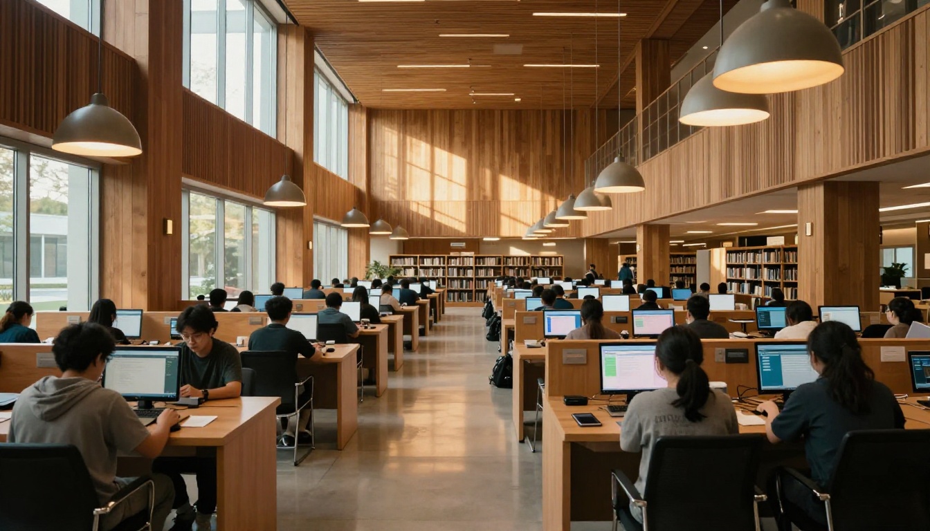 A modern university library with warm golden light streaming through large windows, students working on laptops and tablets