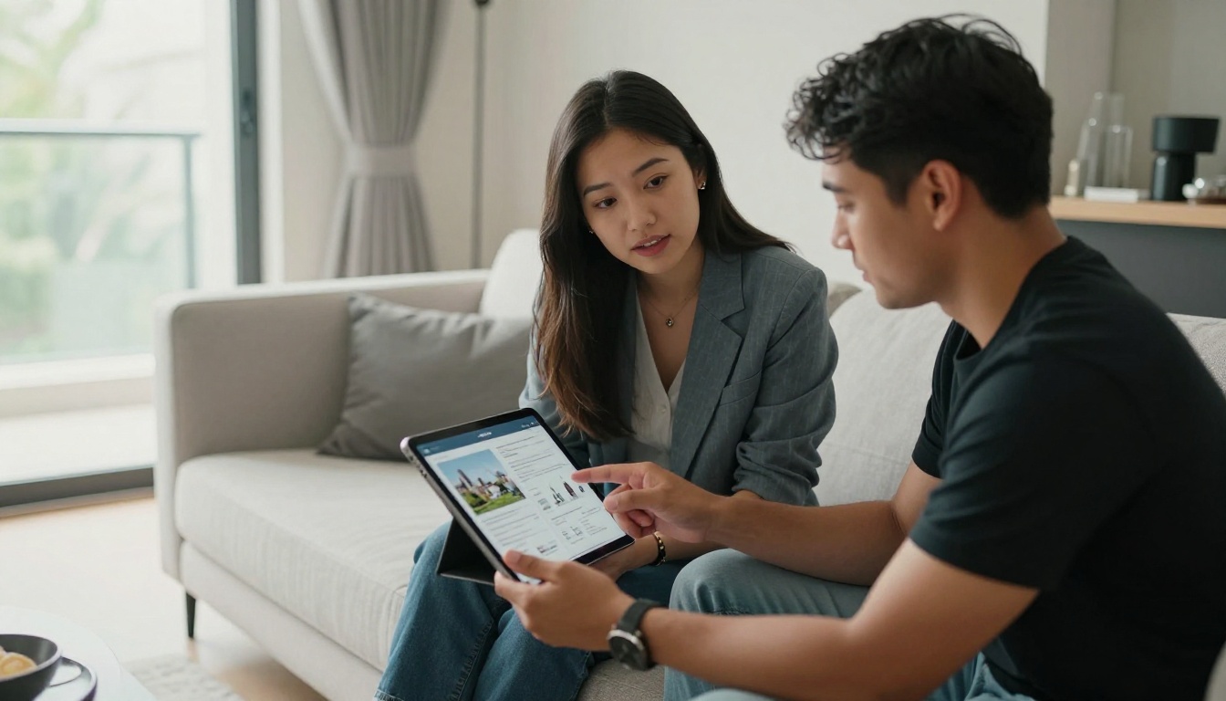 Real estate agent presenting a digital property brochure flipbook to clients Real estate agent presenting a digital property brochure flipbook to clients