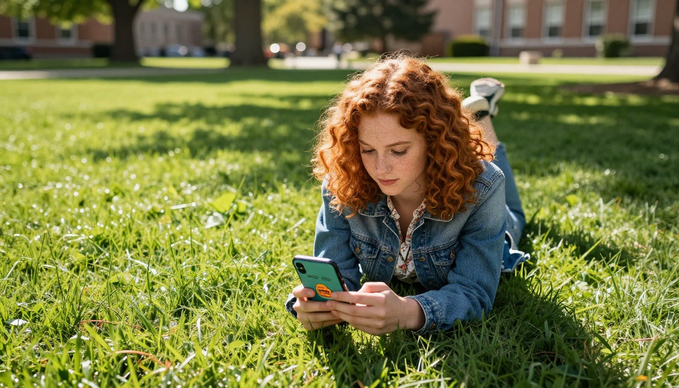A female student with curly auburn hair lying on a lush green campus lawn reading a digital flipbook on her smartphone