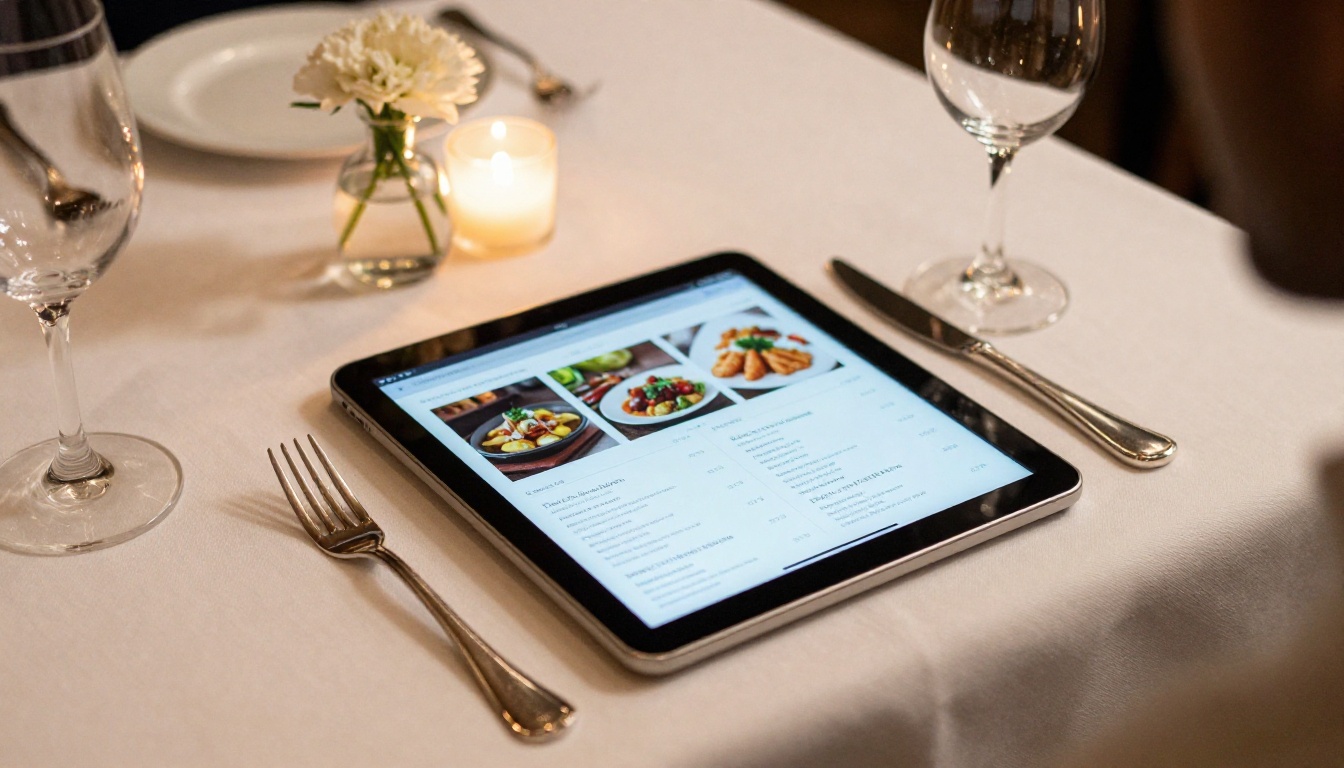 Restaurant table with an iPad showing a beautifully designed digital menu flipbook Restaurant table with an iPad showing a beautifully designed digital menu flipbook