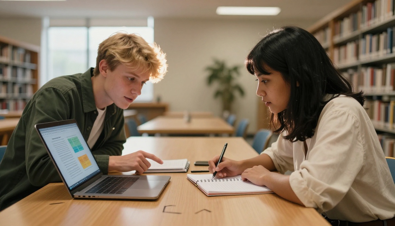 Two university students studying side by side at a wooden library table with a digital flipbook open on a laptop