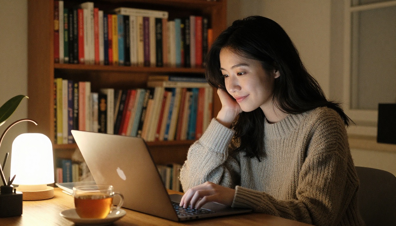 Woman downloading a flipbook for offline reading in a cozy home library Woman downloading a flipbook for offline reading in a cozy home library