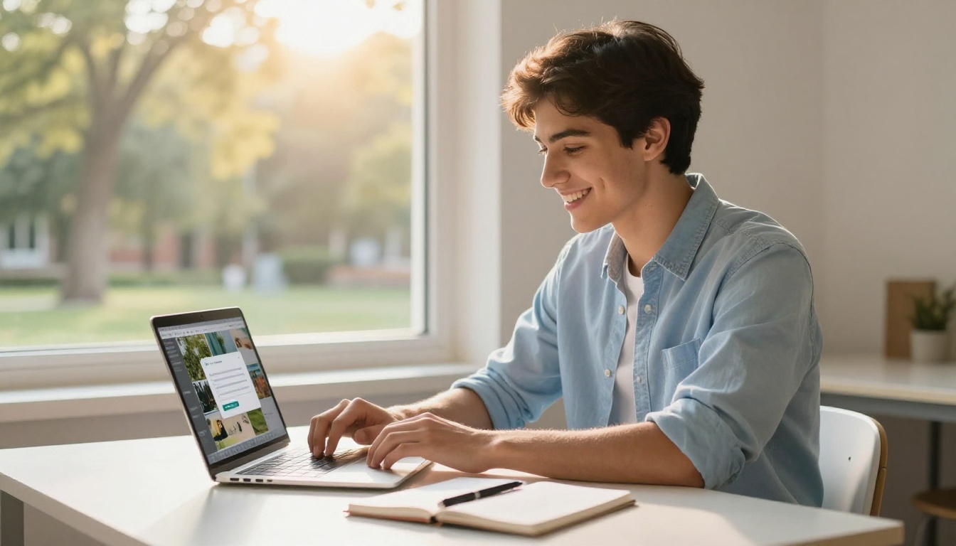 A young male student with neat dark hair smiling warmly at his laptop in front of a bright campus-view window, a completed flipbook project ready to share