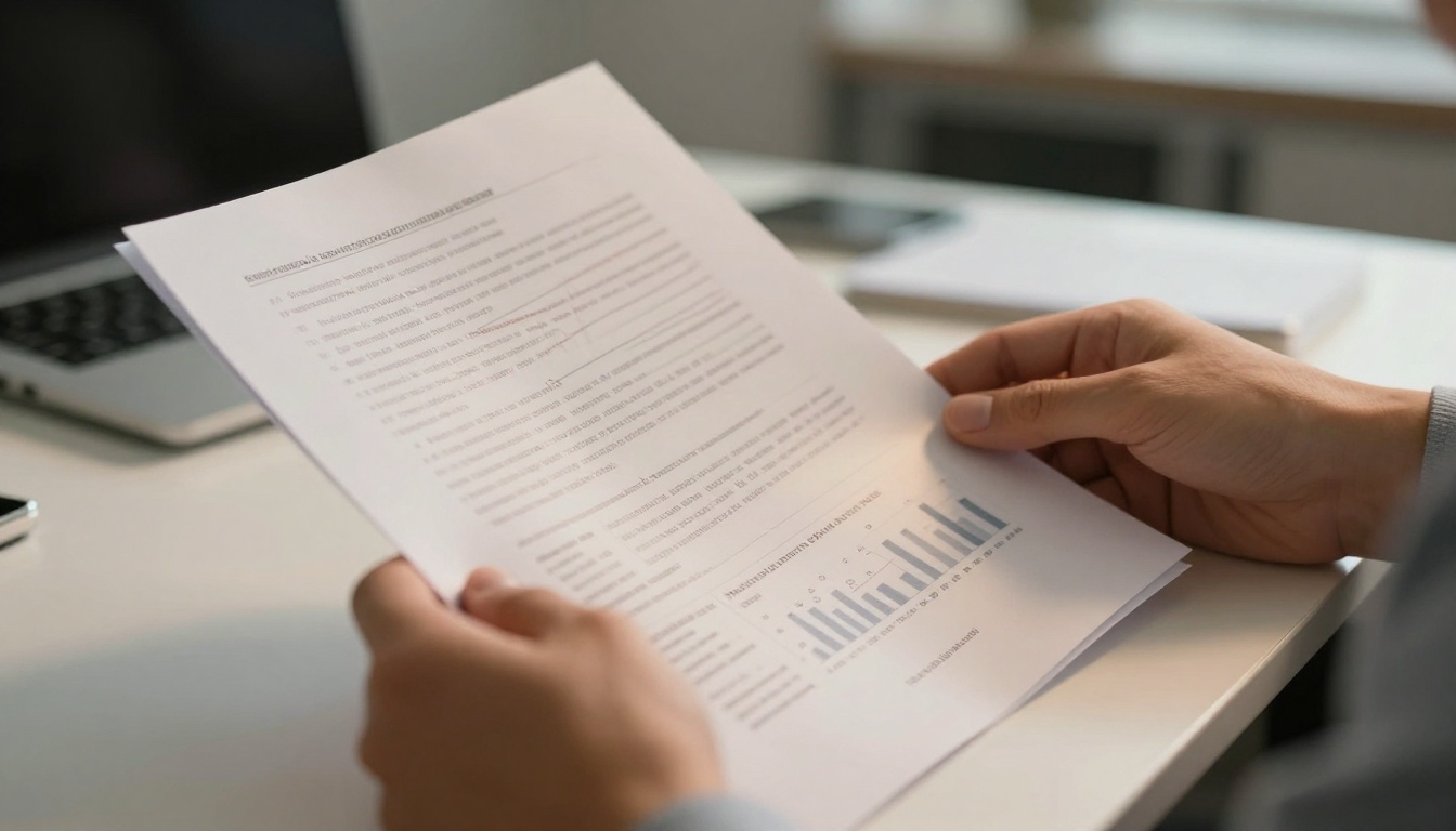 Business professional holding printed PDF document with visible text and charts Business professional holding printed PDF document with visible text and charts