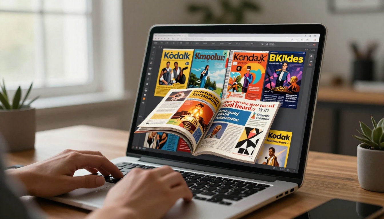Laptop screen showing digital flipbook with page-turning animation and colorful magazine-style content Laptop screen showing digital flipbook with page-turning animation and colorful magazine-style content