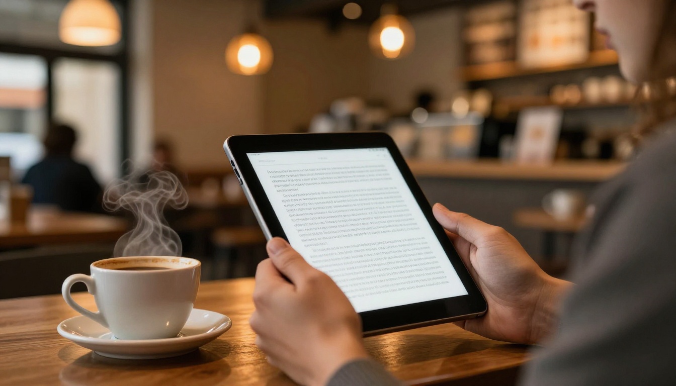 Person reading eBook on tablet in a cozy coffee shop with warm ambient lighting and steam from coffee cup Person reading eBook on tablet in a cozy coffee shop with warm ambient lighting and steam from coffee cup