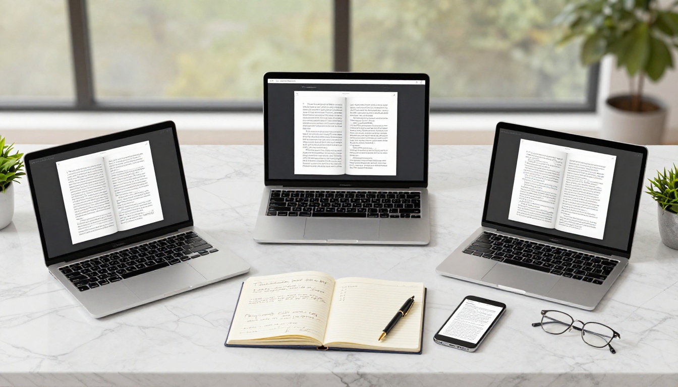 Aerial flat-lay overhead shot of laptop, tablet, and smartphone showing different document formats on white marble desk Aerial flat-lay overhead shot of laptop, tablet, and smartphone showing different document formats on white marble desk
