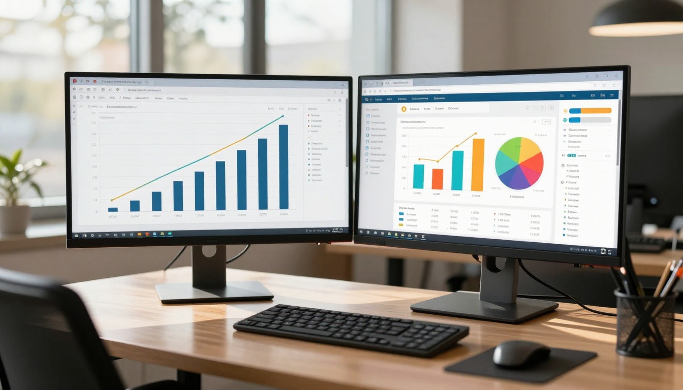 Marketing professional at standing desk reviewing conversion analytics on dual monitors with upward-trending graphs Marketing professional at standing desk reviewing conversion analytics on dual monitors with upward-trending graphs