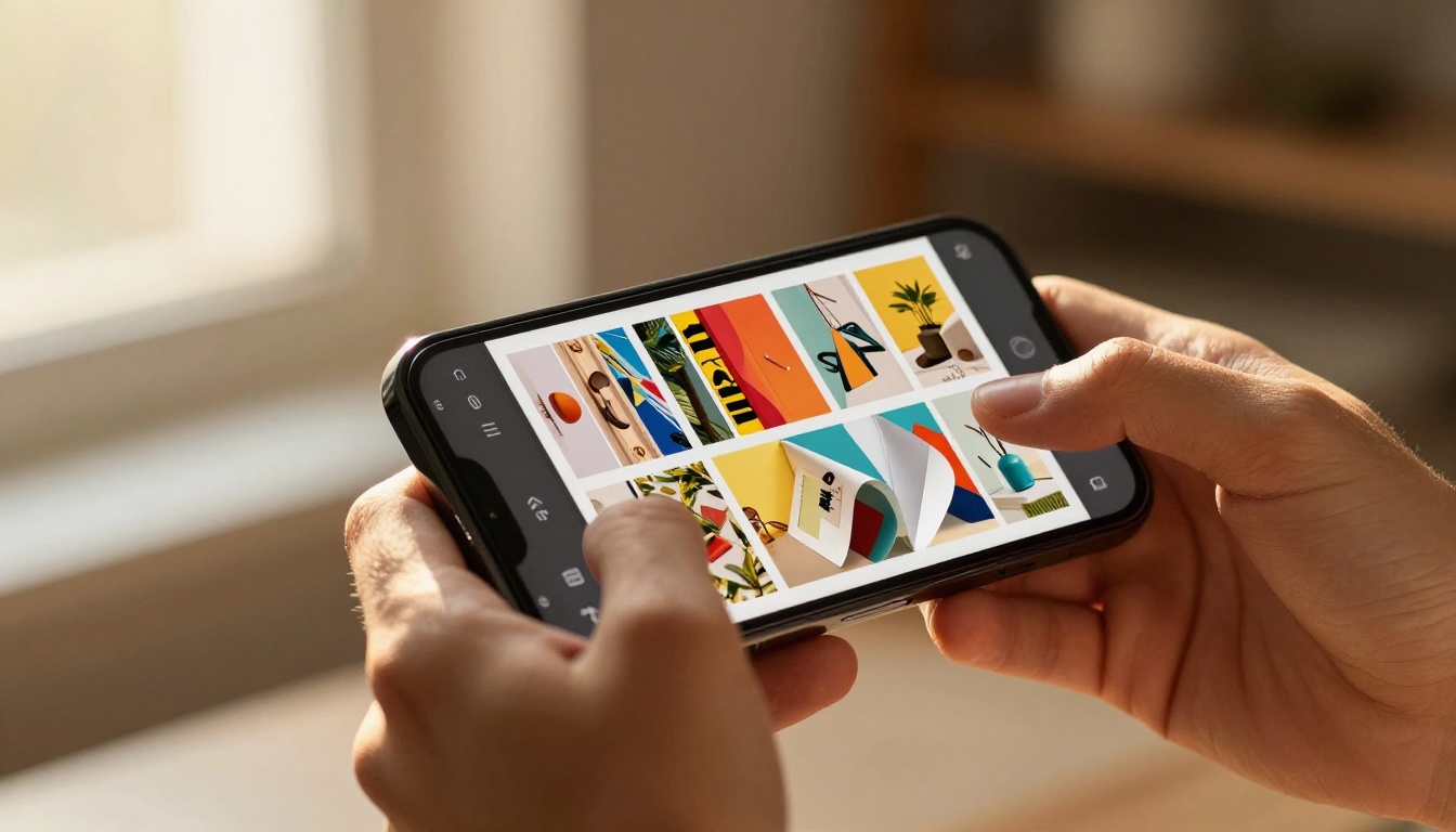 Close-up of hands holding smartphone displaying mobile-responsive digital flipbook catalog with vibrant colorful pages Close-up of hands holding smartphone displaying mobile-responsive digital flipbook catalog with vibrant colorful pages
