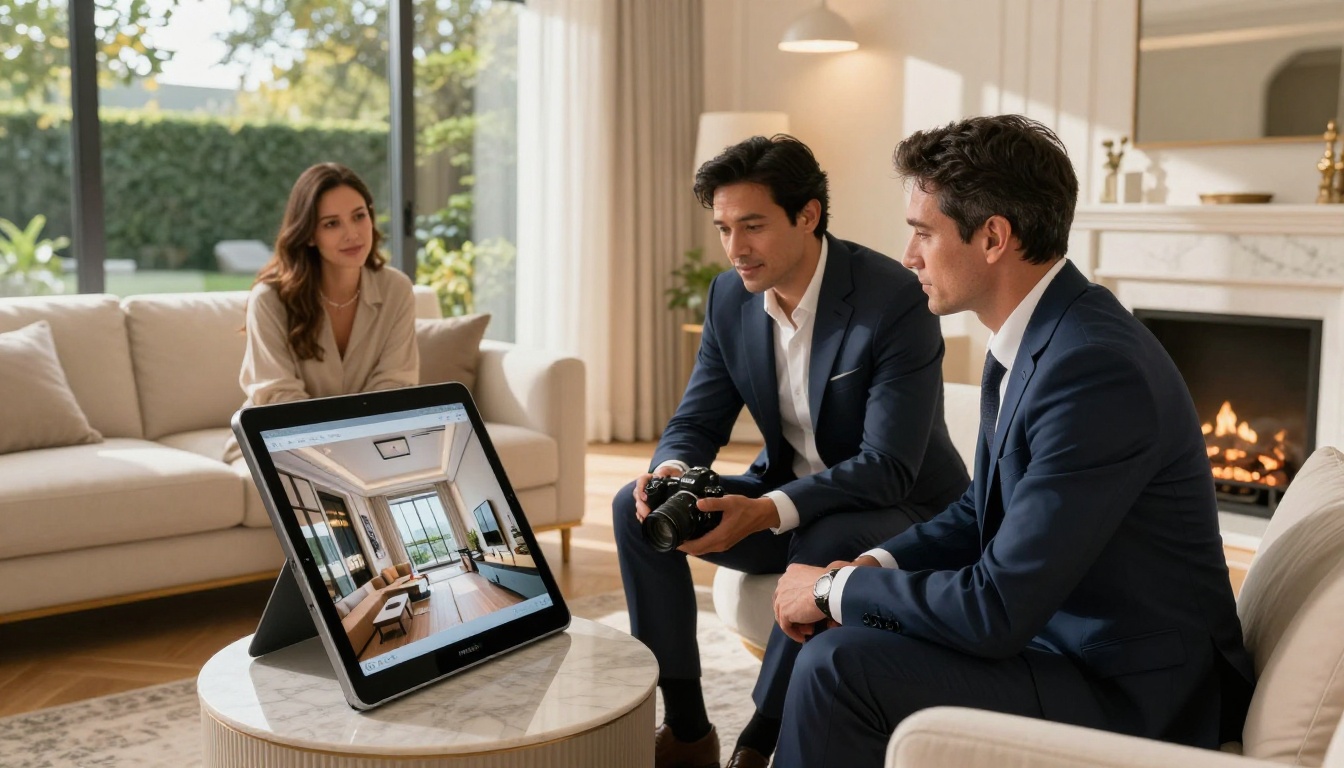 Real estate agent in a navy suit showing an interactive digital property flipbook on a tablet to a well-dressed couple in a bright luxury living room