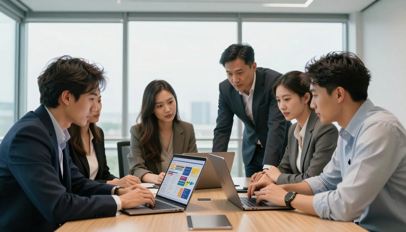Business team of four professionals gathered around conference table sharing a digital flipbook presentation Business team of four professionals gathered around conference table sharing a digital flipbook presentation