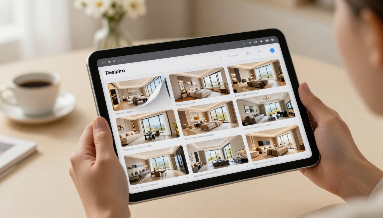 Close-up macro shot of elegant female hands holding an iPad Pro displaying an interactive real estate flipbook with a page-turn curl effect