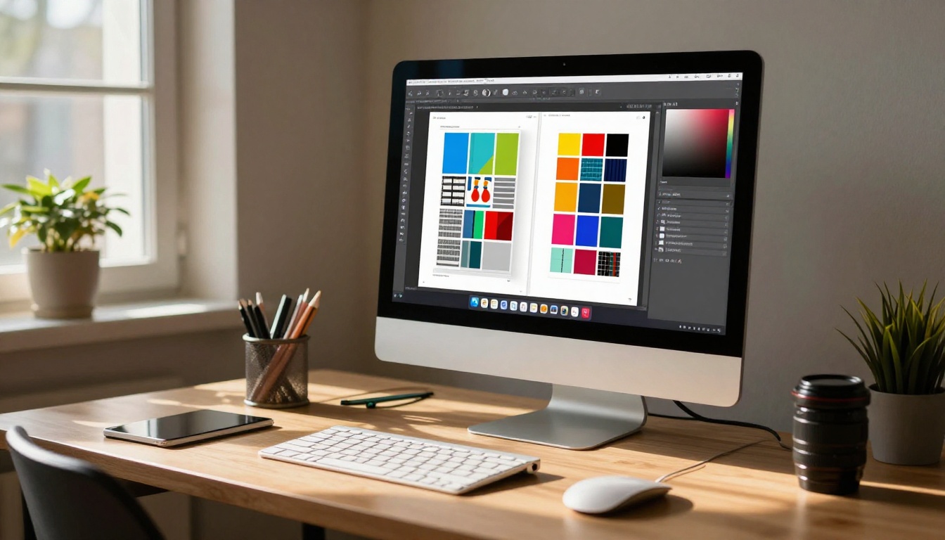 Graphic designer working at desk with iMac displaying digital publishing software with colorful flipbook pages on screen Graphic designer working at desk with iMac displaying digital publishing software with colorful flipbook pages on screen