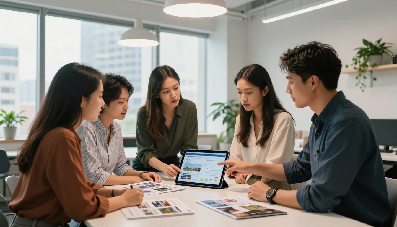 A diverse real estate marketing team of three professionals reviewing digital analytics and property brochures around a modern conference table