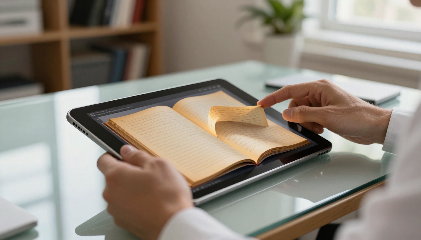 Close-up of tablet displaying interactive flipbook with page-turn animation