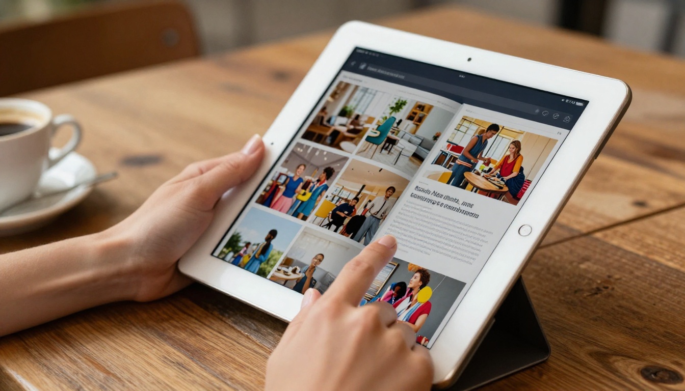 Woman holding white iPad showing a digital lifestyle magazine flipbook with page-turn animation