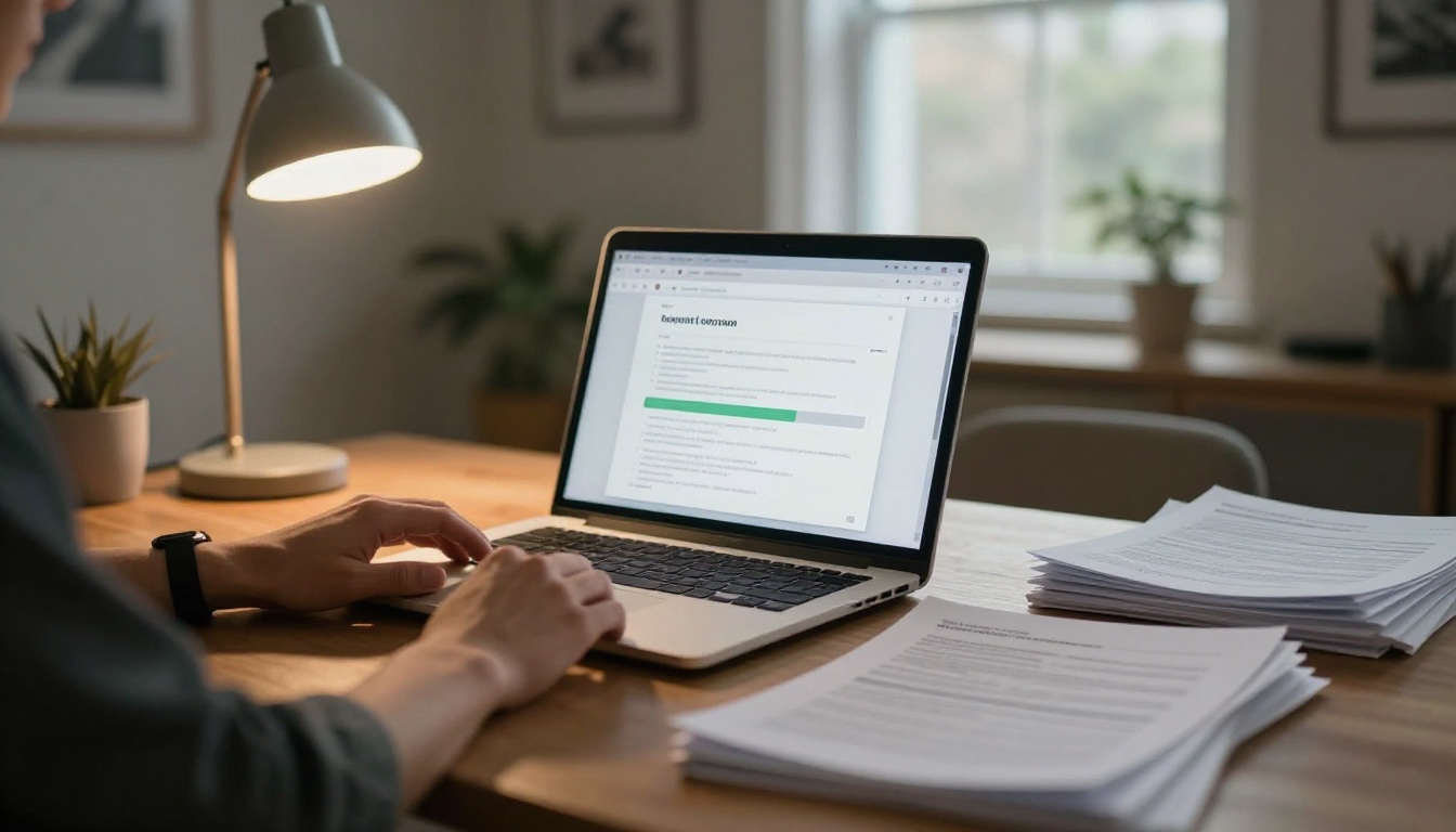 Person uploading PDF document on laptop with file conversion progress bar visible, warm desk lamp lighting Person uploading PDF document on laptop with file conversion progress bar visible, warm desk lamp lighting