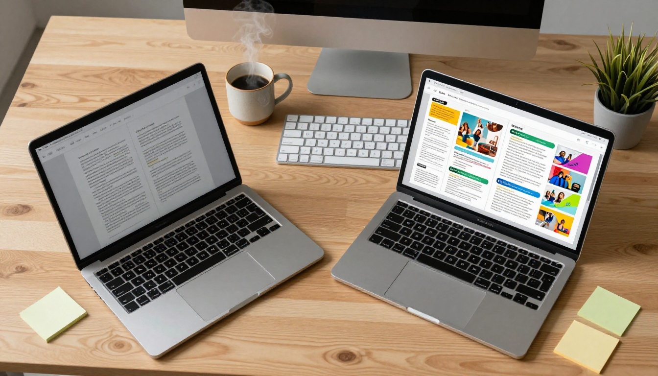 Business professional comparing PDF and flipbook on dual laptops from above