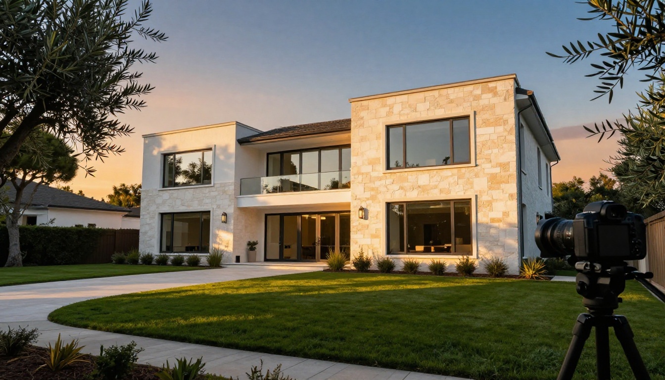 Stunning luxury residential home exterior photographed from a low angle at golden hour with white render, stone cladding, and manicured lawns
