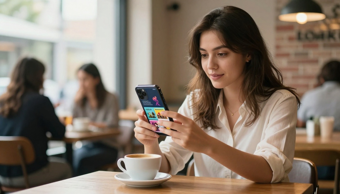 Young professional woman reading interactive flipbook on smartphone in modern cafe