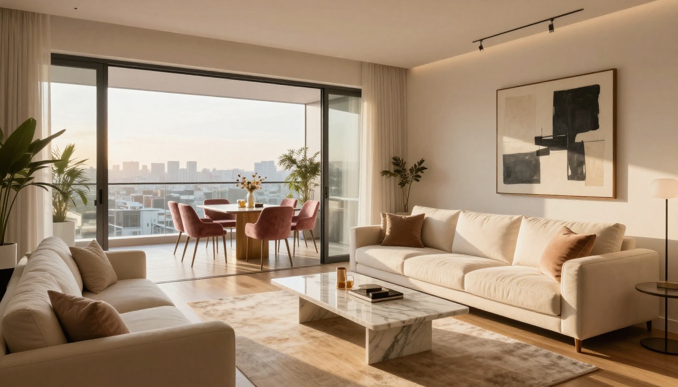 Bright and airy luxury apartment open-plan living and dining area with ivory sectional sofa, marble coffee table, and city views through floor-to-ceiling glass